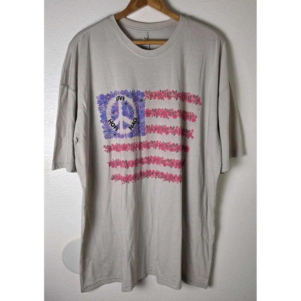 NWT Natural Life Tee Shirt Womens Sz 2X XXL Floral American Flag Peace Taupe